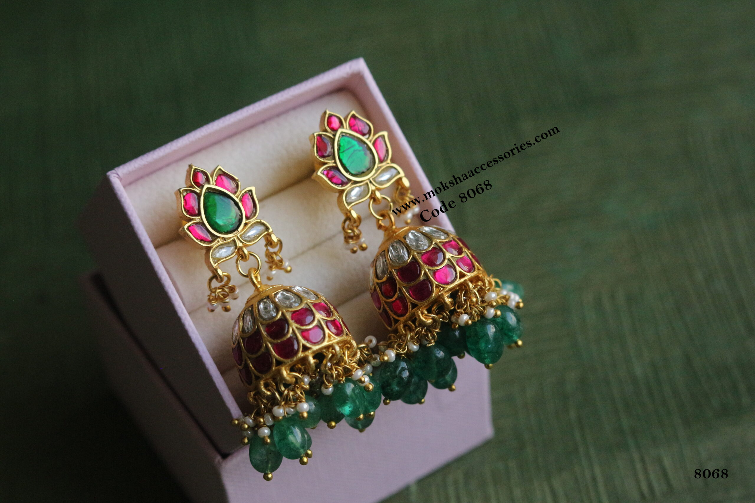 www.mokshaaccessories.com Jadaukundan Jhumki with Emerald Drops - Image 1
