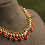 Gold Chain with Swarovski Pearl, Green CZ Drops and Coral Pumpkin Beads