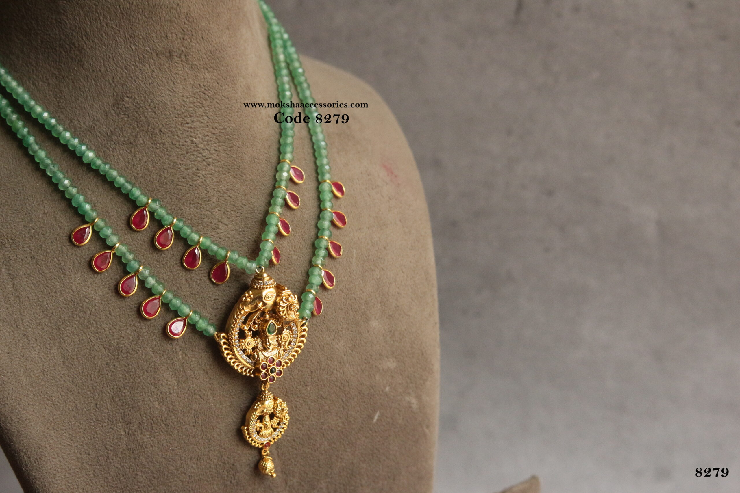 8279-scaled-1.jpg Gold Pendant with Emerald Beads and Ruby Drops - Image 1