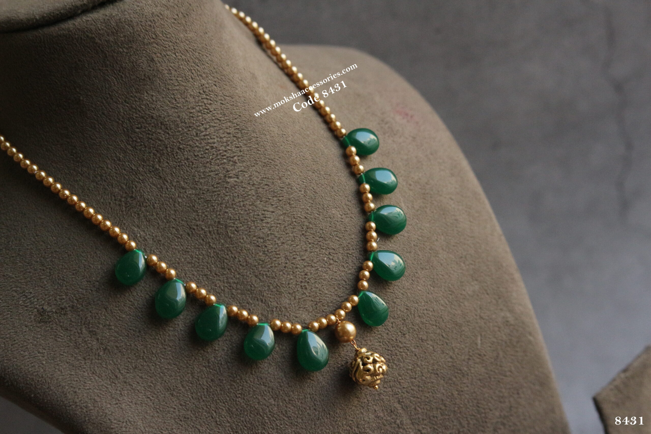 8431-scaled-1.jpg Green Drop Beads with Swarovski Pearl and Antique Gold Drop - Image 1
