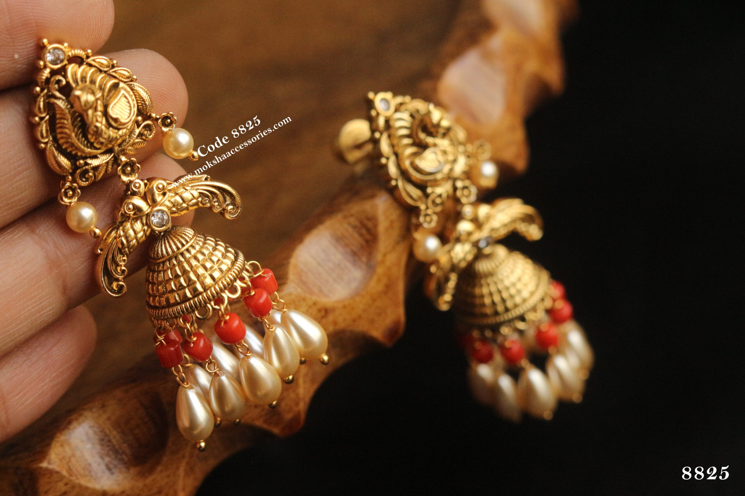 8825-1-scaled-1.jpg Nakshi Jhumki with Coral and Swarovski Pearls with Back Screw - Image 1