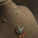 Invisible Chain with Victorian Pendant , Corals and Emerald Beads