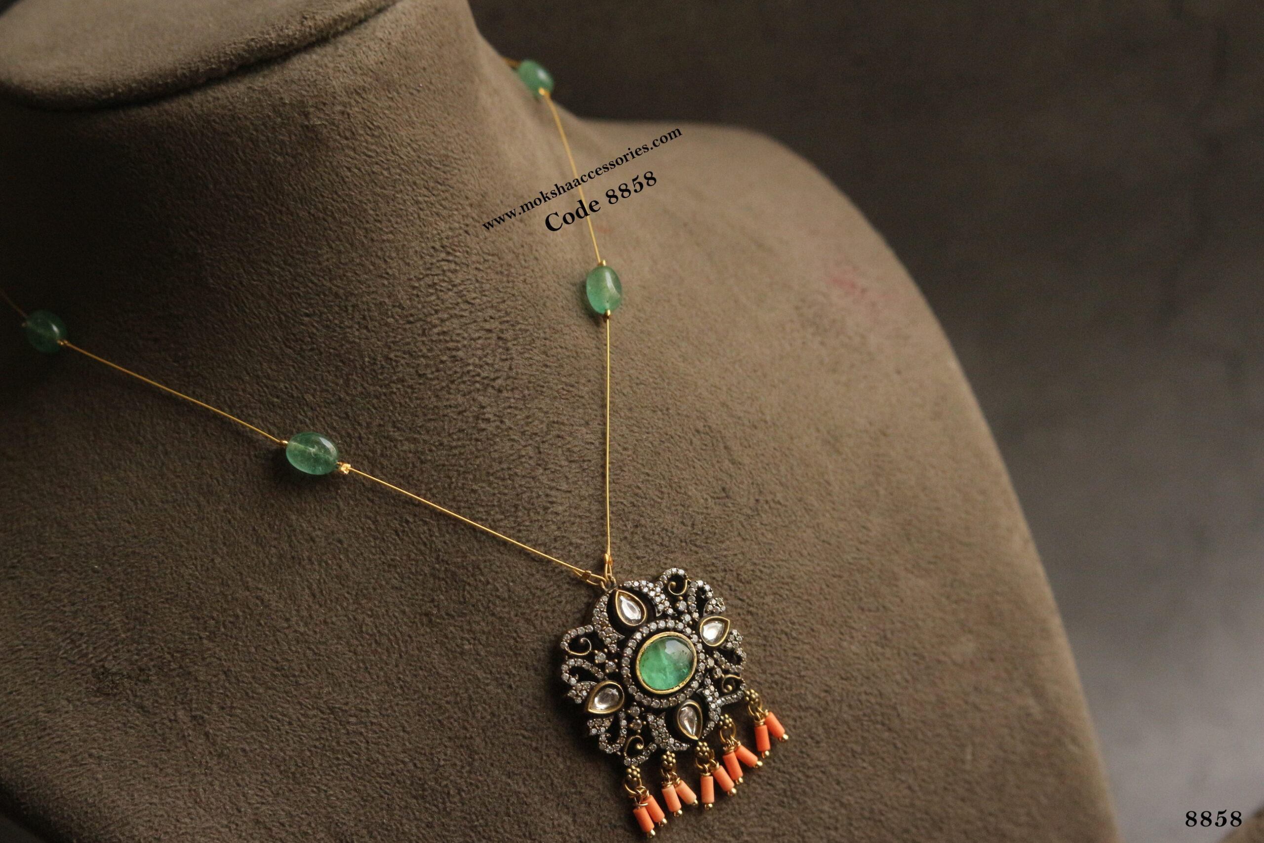 8858-scaled-1.jpg Invisible Chain with Victorian Pendant , Corals and Emerald Beads - Image 1