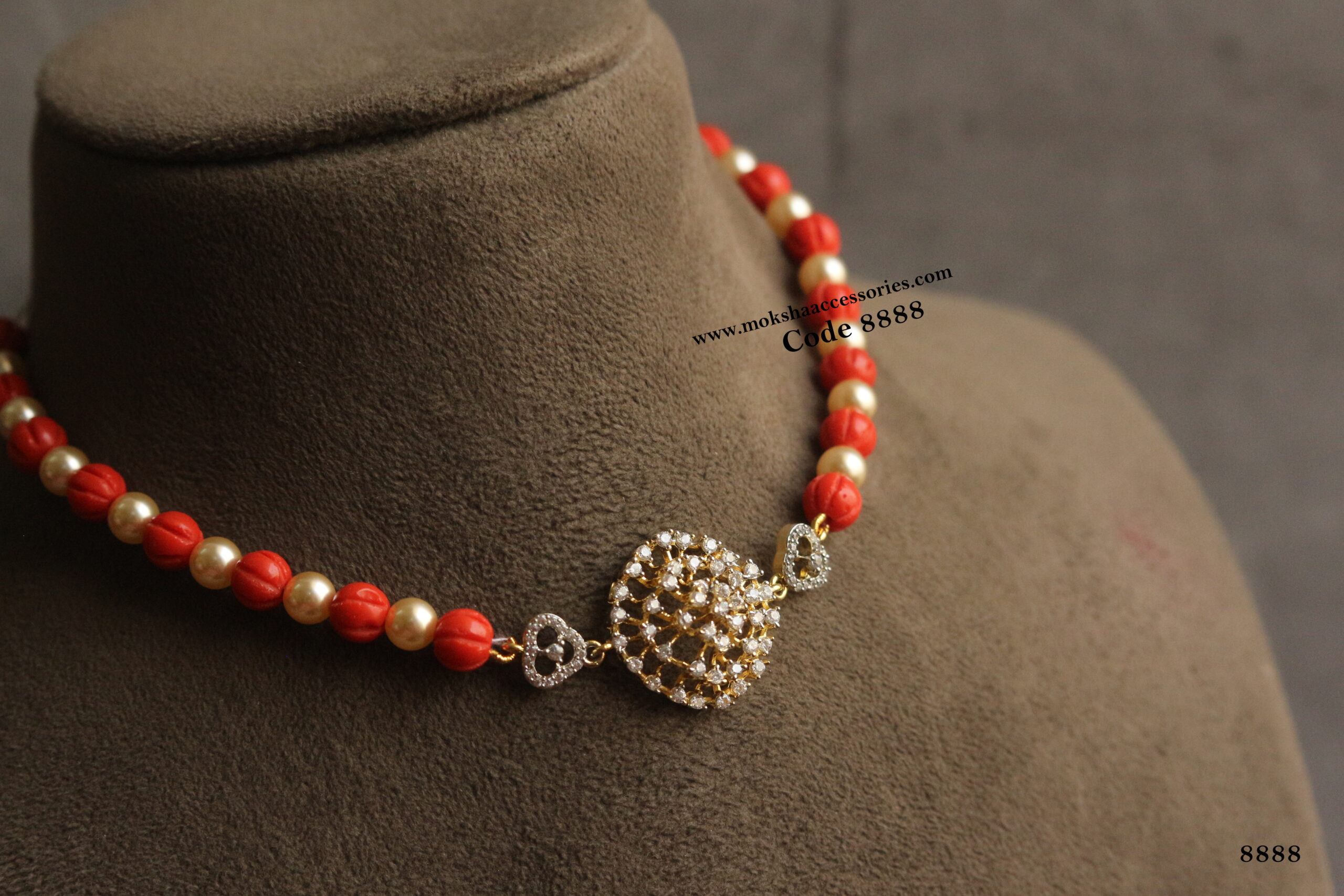 8888-scaled-1.jpg Diamond Alike CZ Pendant with Coral Pumpkin and Swarovski Pearls - Image 1