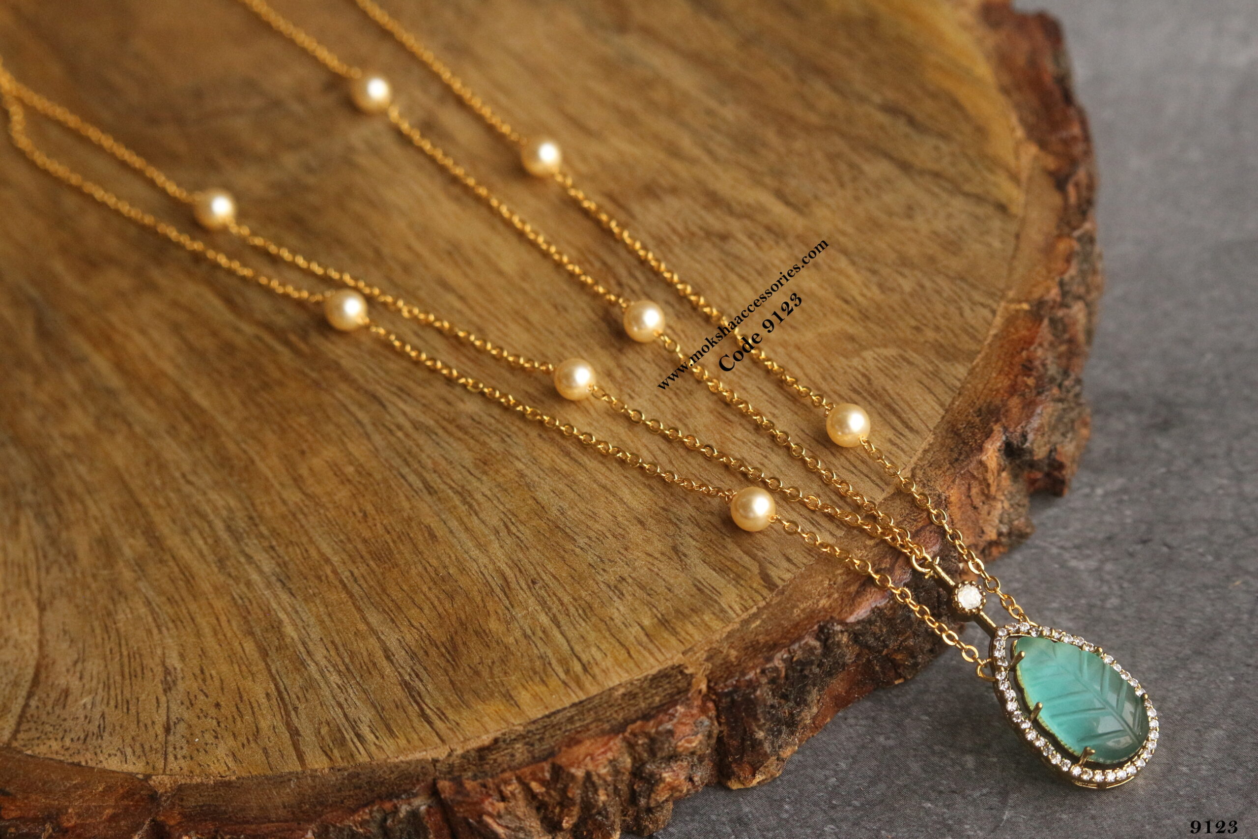 9123-scaled-1.jpg Carving Stone Pendant with Gold Chain and Swarovski Pearls - Image 1