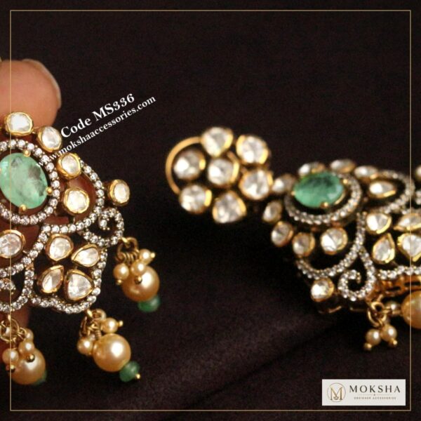 92.5 silver mozonite stone with cz mint stone earrings (30.5 gms) – Moksha Designer Accessories