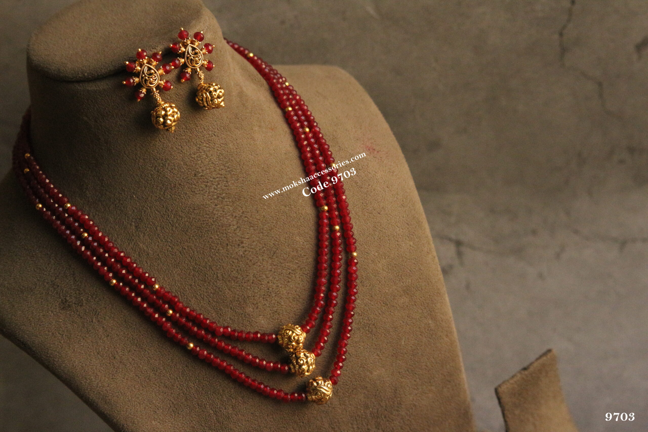 9703-scaled-1.jpg Ruby Marroon Onyx Beads with Nakshi Gold Balls and Earrings - Image 1