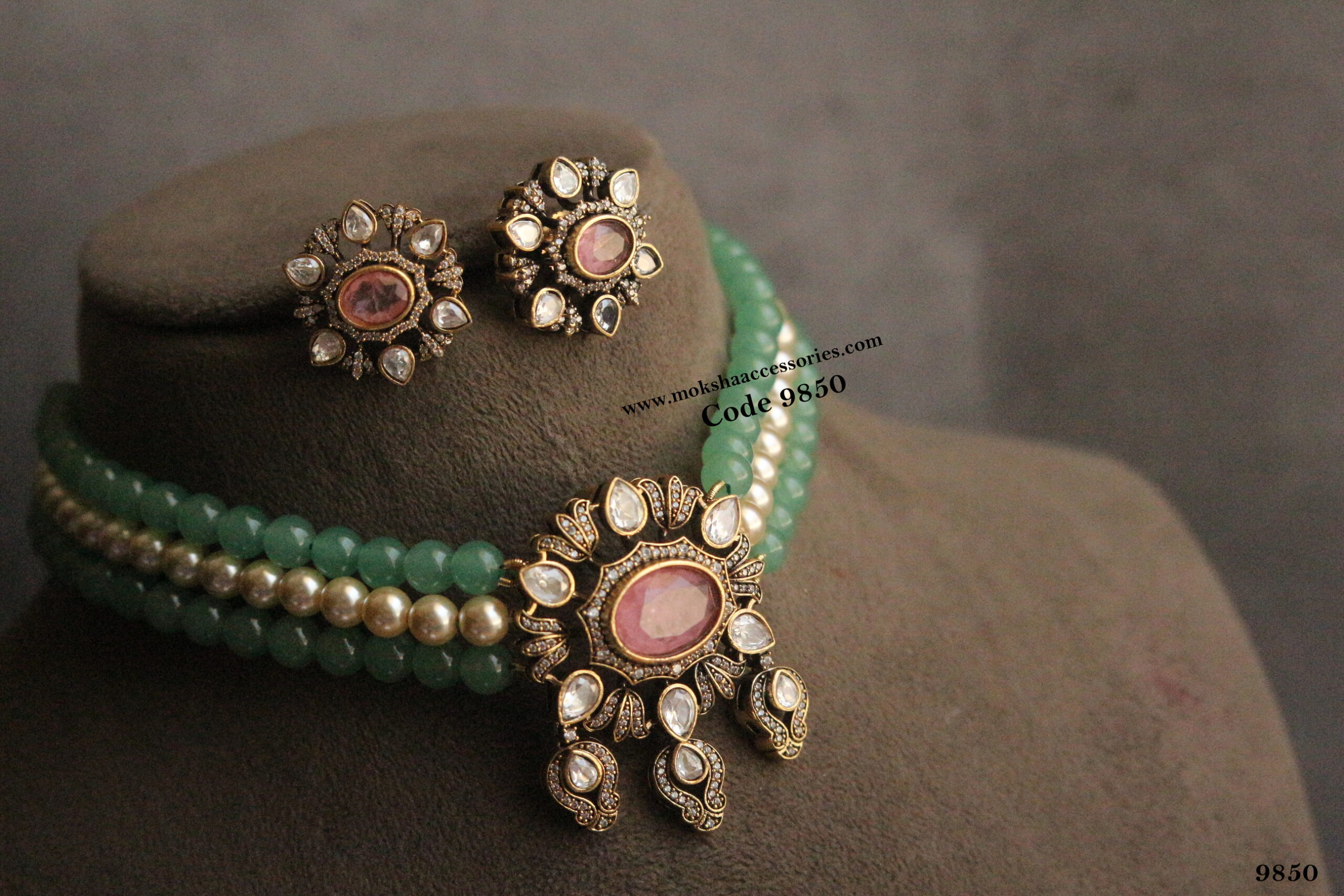 9850-scaled-1.jpg CZ Pendant Set with Aventurine and Swarovski Pearls - Image 1