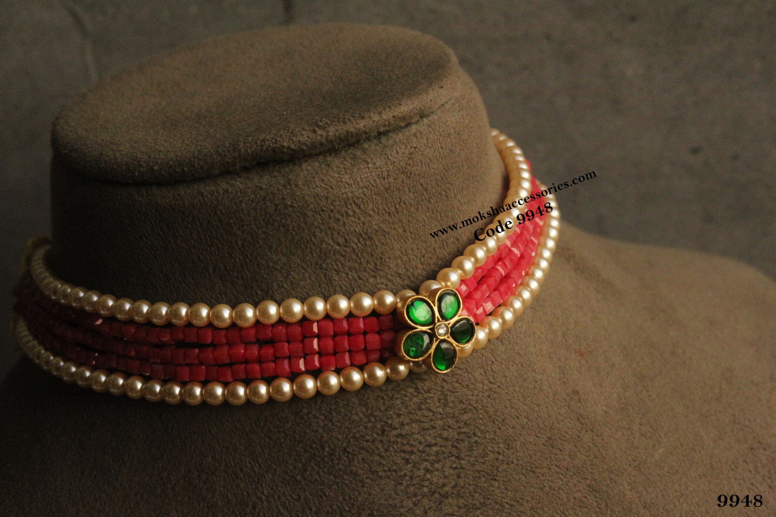 9948-scaled-1.jpg Jadaukundan Pendant with Swarovski Pearls and Pink Square Beads - Image 1