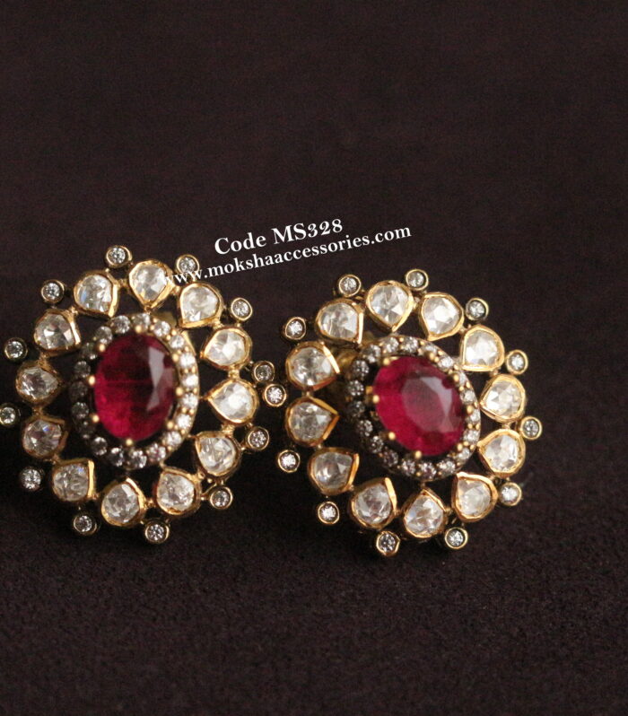 92.5 silver mozonite and ruby stone studs with back screw (9.81 gms)