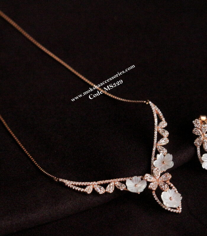 92.5 silver real shell pearl rose finish chain and earrings (11.56 gms)