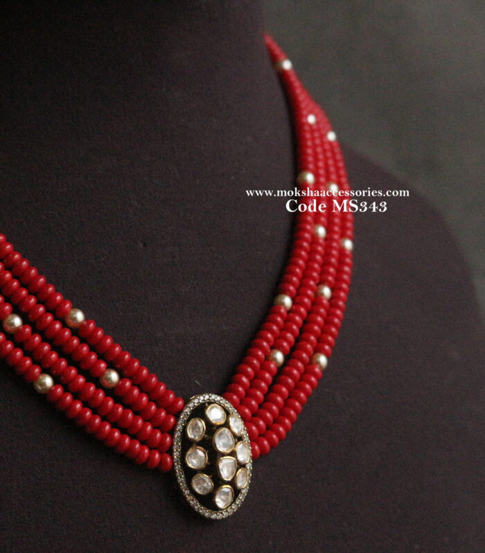 92.5 silver mozonite stone pendant with corals and sarvoski pearls (5.88 gms)