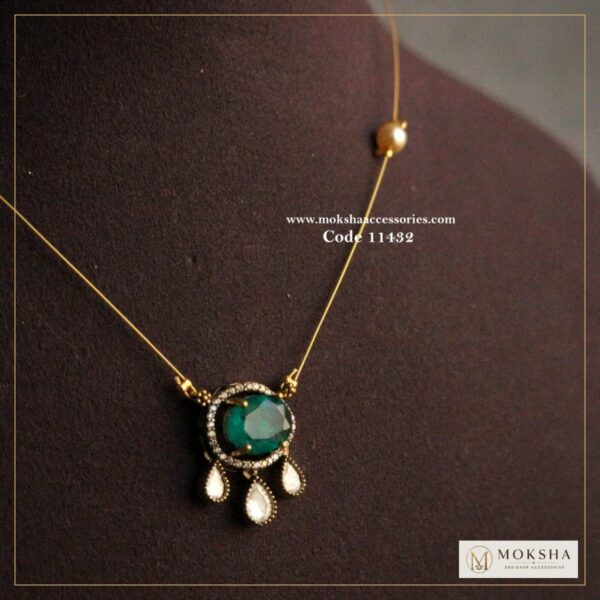 CZ emerald and mozonite stone pendant with invisible chain – Moksha Designer Accessories