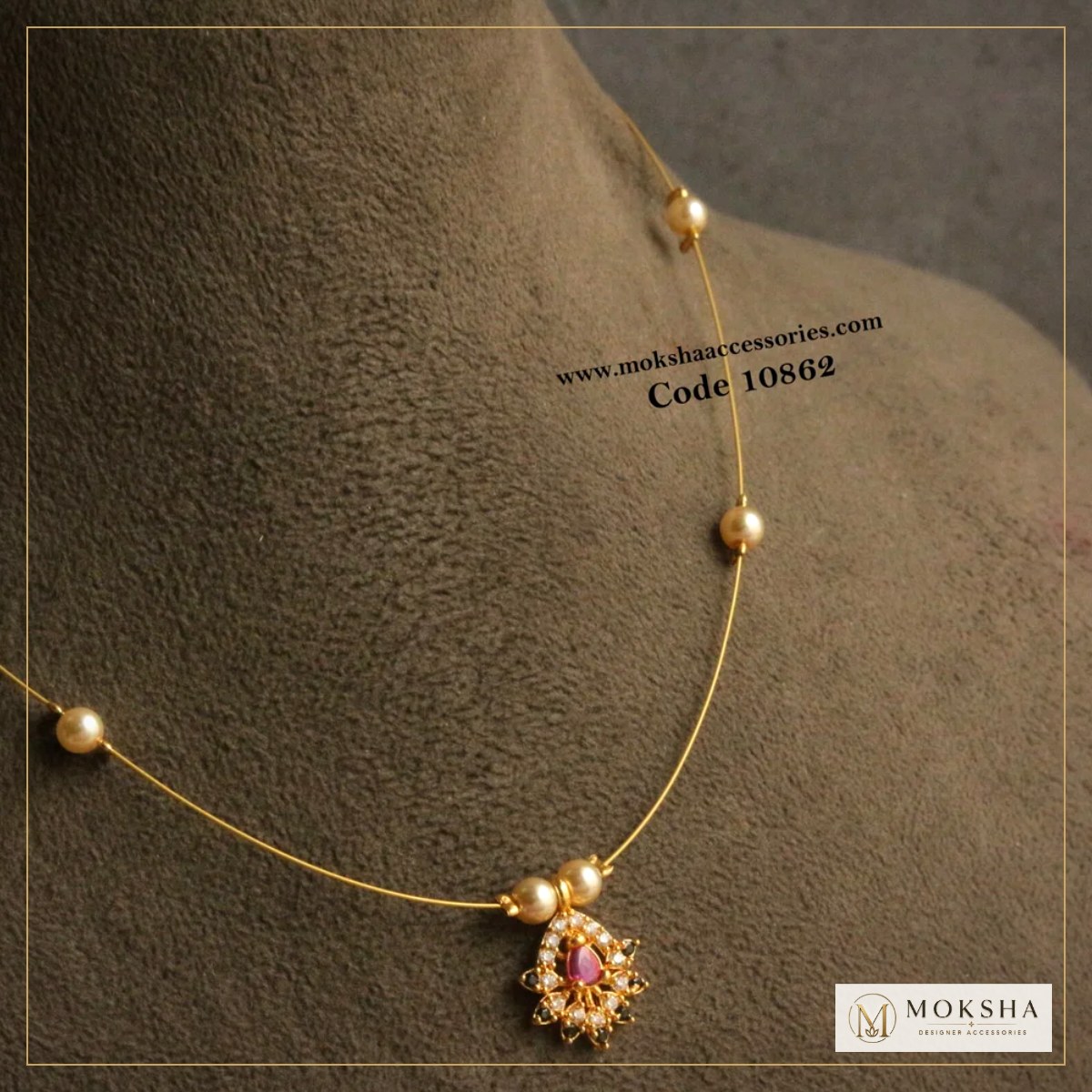 CZ ruby and black stone pendant with invisible chain and sarvoski pearls CZ ruby and black stone pendant with invisible chain and sarvoski pearls – Moksha Designer Accessories