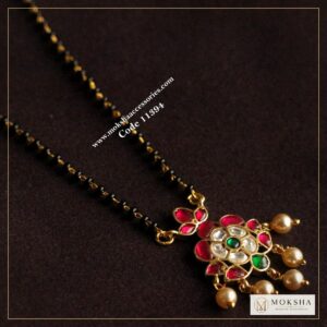 Jadaukundan pendant with black beads and sarvoski pearl drops – Moksha Designer Accessories