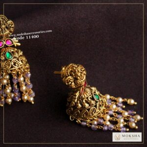 Nakshi jadaukundan jhumki with real cz beads and sarvoski pearls – Moksha Designer Accessories