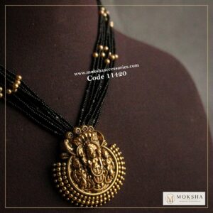 Nakshi lakshmi devi pendant with black beads and sarvoski pearls – Moksha Designer Accessories